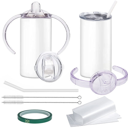 Rommeka Sublimation Blanks Skinny Sippy Cups, 12oz Spill Proof Stainless Steel Insulated Tumbler with Lid and Straw, Double Wall Water Bottle with Handle for Kids and Children
