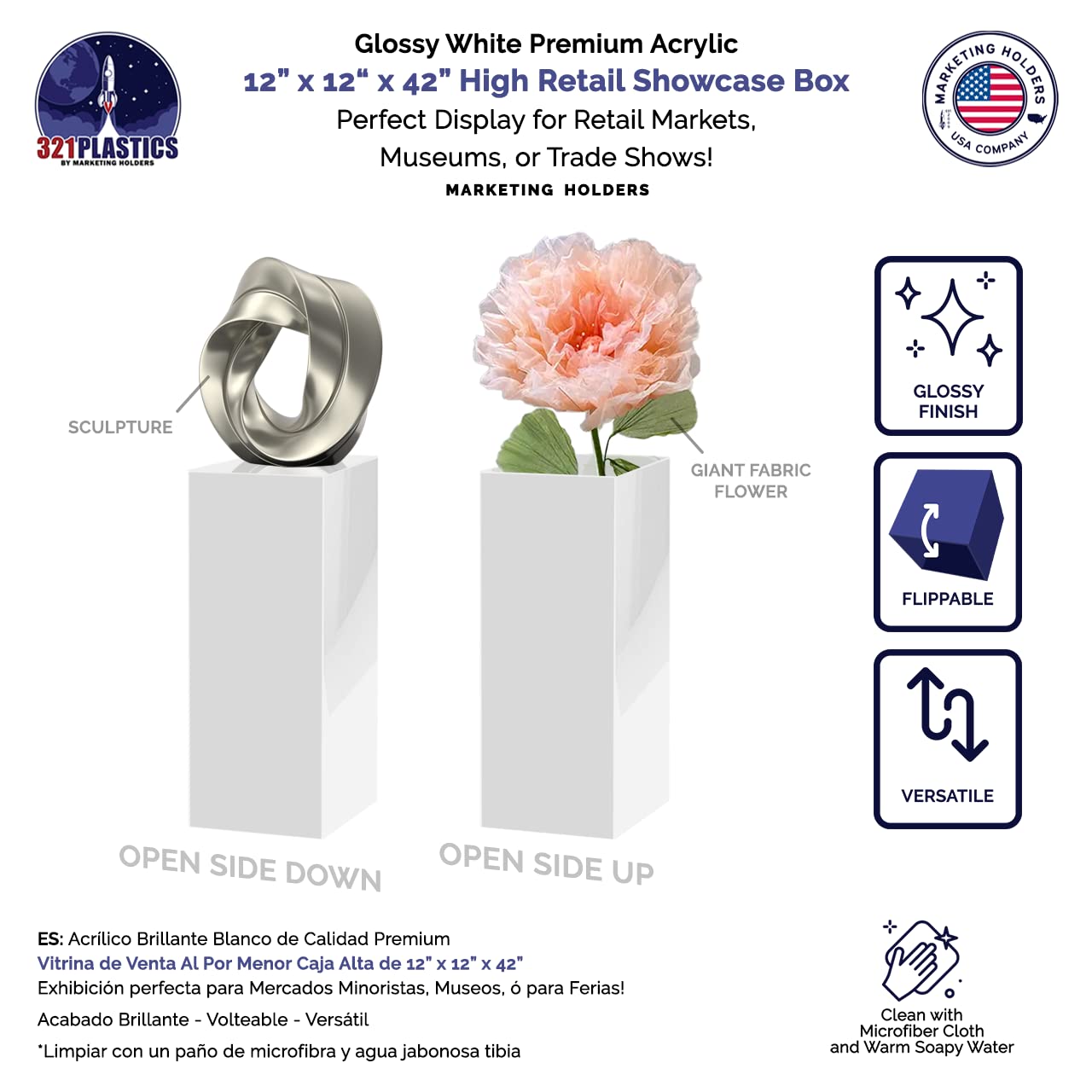Acrylic Display Riser Box White Tall Acrylic Cube Pedestal Art Sculpture 12" x 12" x 42" No Lid One Piece Box Throne Pillar Stand Hollow Flower Tower for Weddings by Marketing Holders