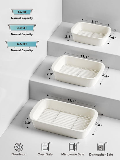 LE TAUCI Deep Casserole Dishes for Oven, 13.7”x9.6” Ceramic Baking Dish Set with Roasting Racks, Large Lasagna Pans with Handles, Rectangular Bakeware as Gift for Mom, White (4.6QT/3.0QT/1.6QT), Set of 3