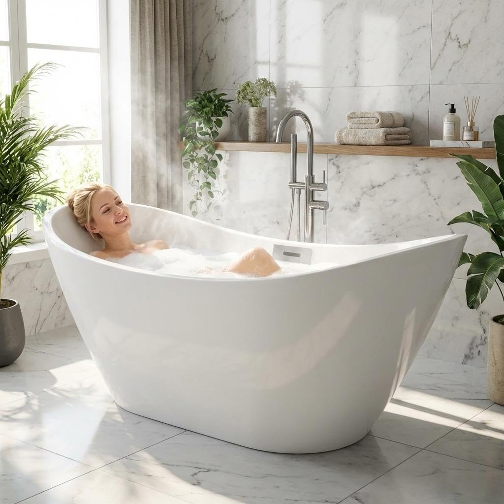 59" Acrylic Freestanding Bathtub with Chrome Drain Kit, Contemporary Square Soaking Tub with Overflow and Flexible PVC Drain Pipe, Double-Walled Insulation, CUPC Certified, Glossy White Finish