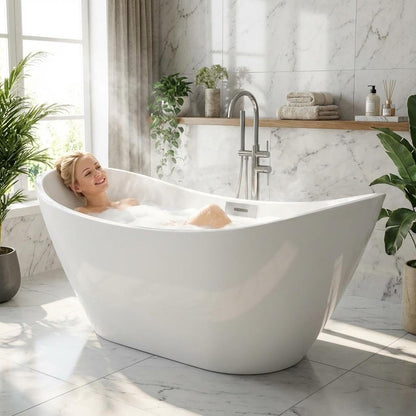 GarveeLife 67 Inch Freestanding Bathtub, Deep Soaking Acrylic Tub for Modern Bathroom, Standalone Soaker with Polished Chrome Overflow and Drain, CUPC Certified, White Glossy Finish