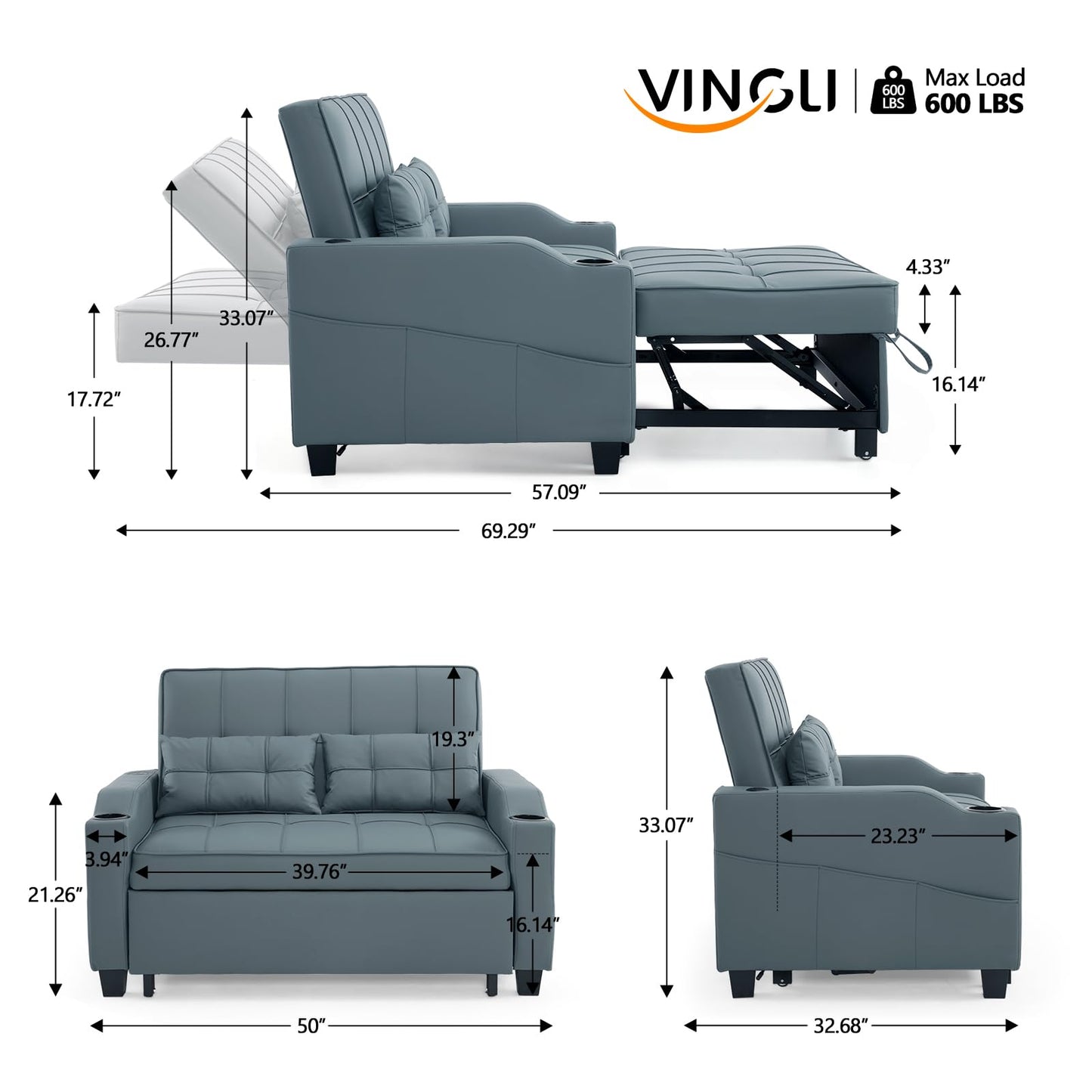 VINGLI Blue Grey Futon Sofa Bed Convertible Loveseat Sleeper Couch, Faux Leather Pullout Sofa Fold Out Couch Bed with USB Ports, Cup Holders, Armrest for Living Room, Bedroom Apartment Room