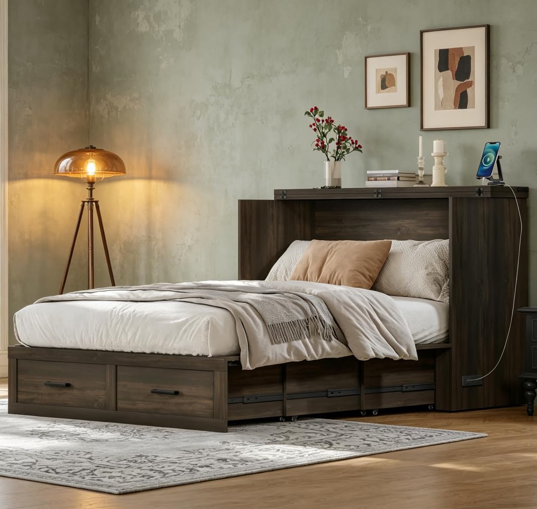Bellemave Full Size Murphy Bed with Charging Station and Storage, Farmhouse Murphy bedframe with Foldable Panel, Noisy Free, for Guest Bedroom, Living Room, Office, Rustic Gray
