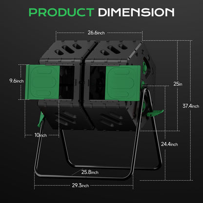 TOP XIAN Compost Tumbler 45 Gallon/170L, Easy-Assemble Dual Chamber Compost Bin Outdoor, 360°Rotating Large Composter for Outside, Backyard, Garden, Gifts for Seasoned Gardeners & Beginners-Green