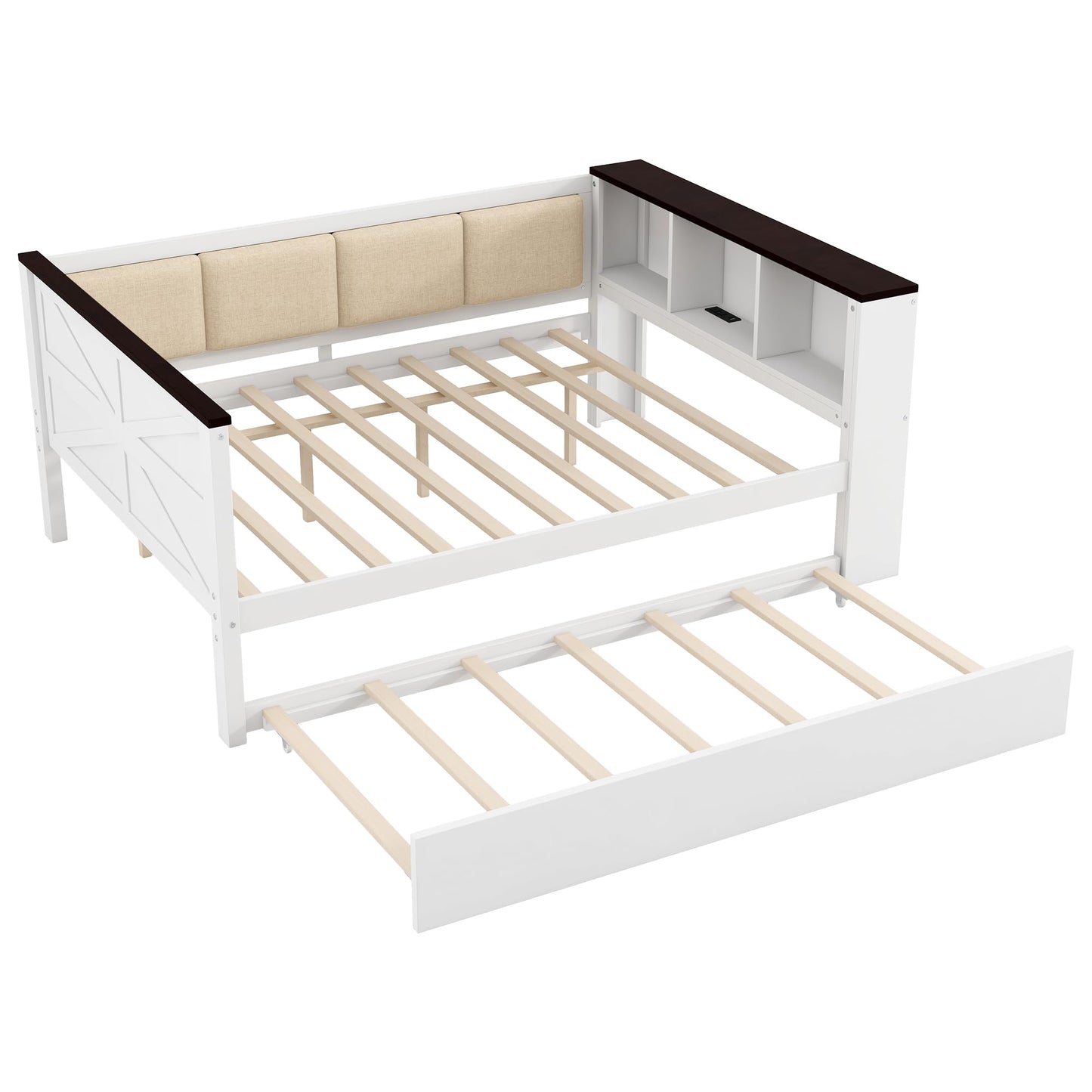 Ball & Cast Daybed with Trundle,Wood Full Size Daybed W/Storage Shelves and Upholstered Backrest & USB,Space Saving,No Box Spring Needed,Bedroom for Student Dorms,White
