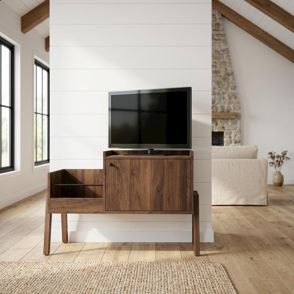 Furnifact Walnut Luna Record Player Cabinet with Vinyl Storage, Durable Wood Construction, Modern Design, Compact Size, Perfect for Living Room or Studio