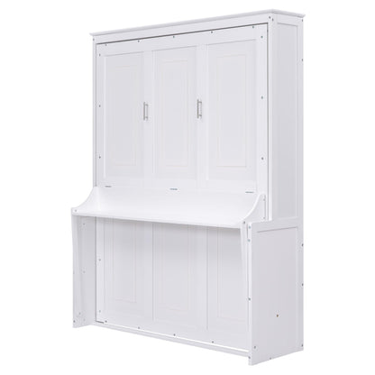 Merax Upgrade Queen Size Murphy Bed Space-Saving Wooden Wall Bedframe with a Shelf for Guest Room,Home Office,White