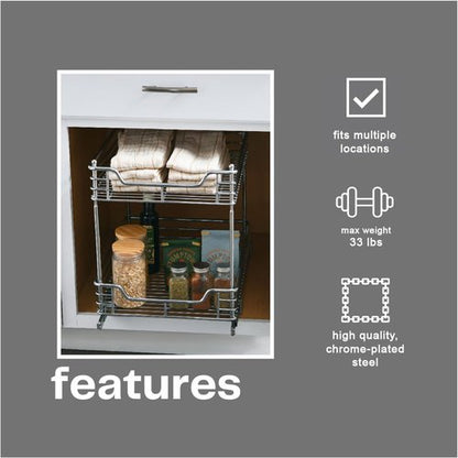 Household Essentials Glidez Multipurpose Chrome-Plated Steel Pull-Out/Slide-Out Storage Organizer for Under Cabinet Use - 2-Tier Design - Fits Standard Size Cabinet or Shelf, Chrome