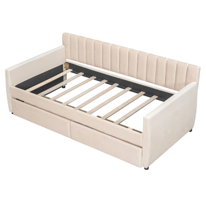 Merax Upholstered Daybed with 2 Drawers, Twin Size Bed Frame with Storage and Wood Slat Support, Beige