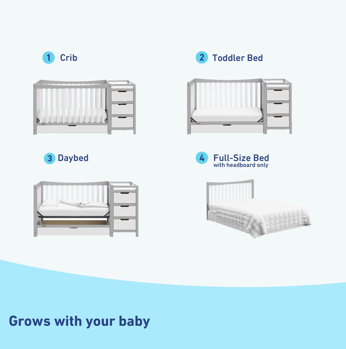 Graco Remi 4-in-1 Convertible Crib & Changer – GREENGUARD Gold Certified, Fits Standard Crib Mattress, Converts to Toddler Bed and Full Bed, 4 Adjustable Mattress Heights (Pebble Gray and White)
