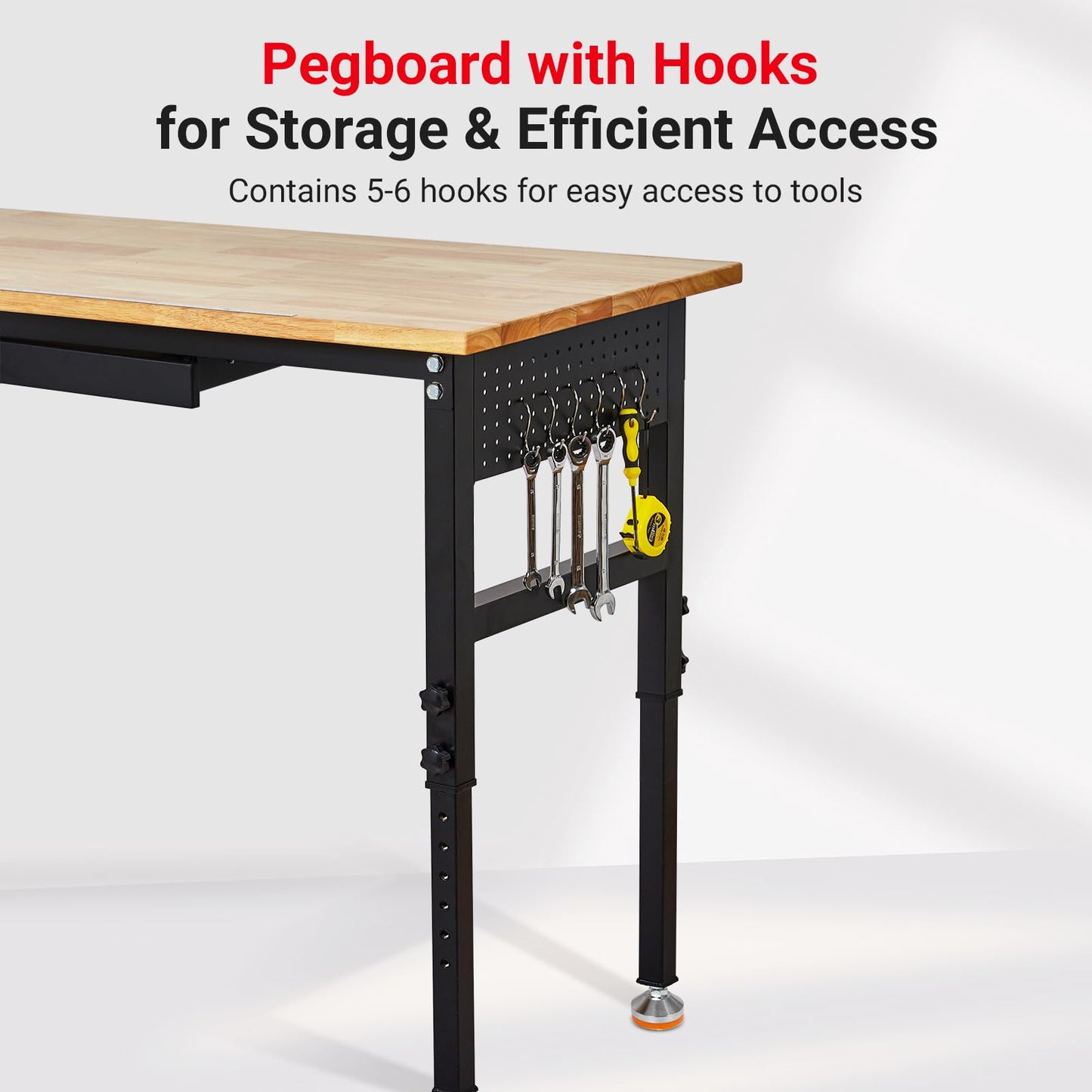 60"X24" Heavy Duty Workbench with Drawer, 29.5"-39.4" Adjustable Height, Rubber Wood Table with Lockable Wheels & Power Outlets for Garage, Workshop, Office - 2200 Lbs Capacity