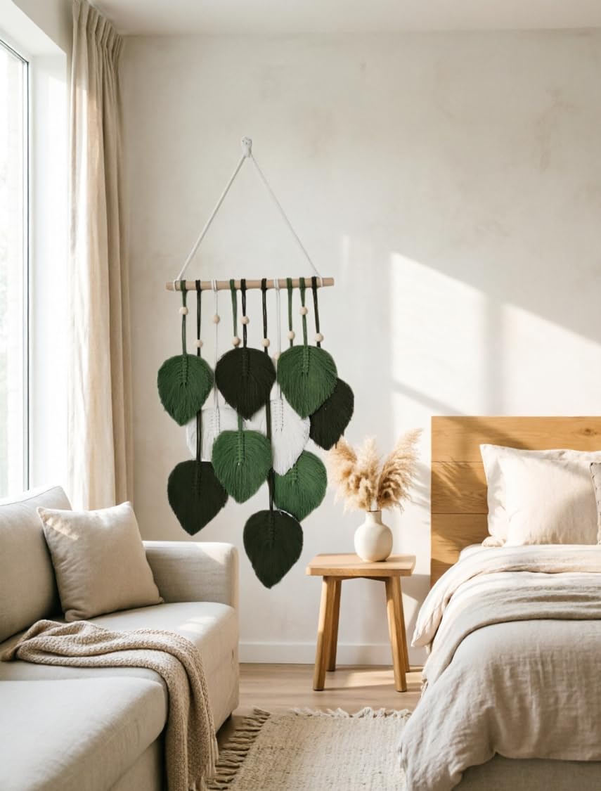 Jditngp DIY Macrame Leaf Wall Hanging Beginners Boho Wall Leaf Tapestry Kit Handmade Woven Tapestry Feather Wall Hanging DIY Macrame Kit for Adults Birthday Gift DIY Craft Kits 11.8inch (Green)