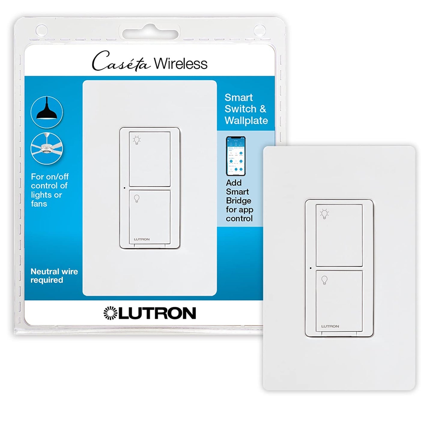 Lutron Caseta Smart Switch 3-Way Kit, with Pico Remote, Wallplate, Wall Bracket for LED Lights and Fans, 5 Amp, Neutral Required, P-PKG1WS-WH