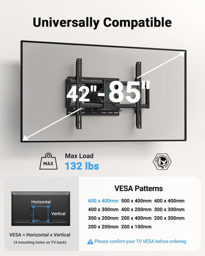 Pipishell Full Motion TV Wall Mount - Fits 42-85 Inch LED TVs Up to 132lbs | Swivel Bracket with Articulating Arms, Max VESA 600x400mm