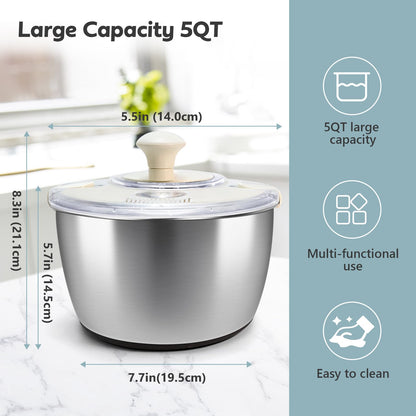 Salad Spinner Stainless Steel，Manual lettuce dryer With lid, basin, drain frame and non-slip base,lettuce spinner with Quick Spin,Spaghetti & Chip Strainer BPA Free,Easy Clean,5qt
