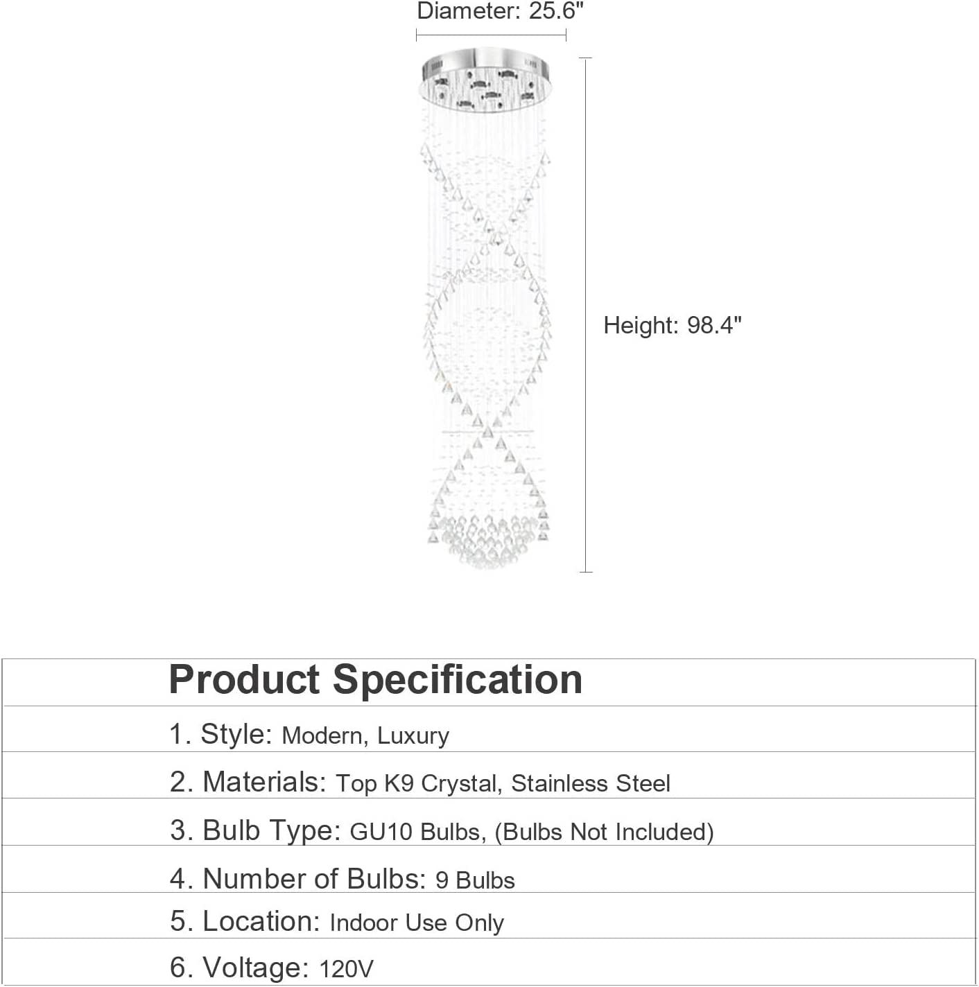 7PM Chandelier for Staircase, Crystal Foyer Chandelier High Ceiling, Modern Raindrop Chandeliers Flush Mount Ceiling Light Fixture for Spiral Staircase, Foyer, Entryway, High Ceiling W25.6 X H 98.4"