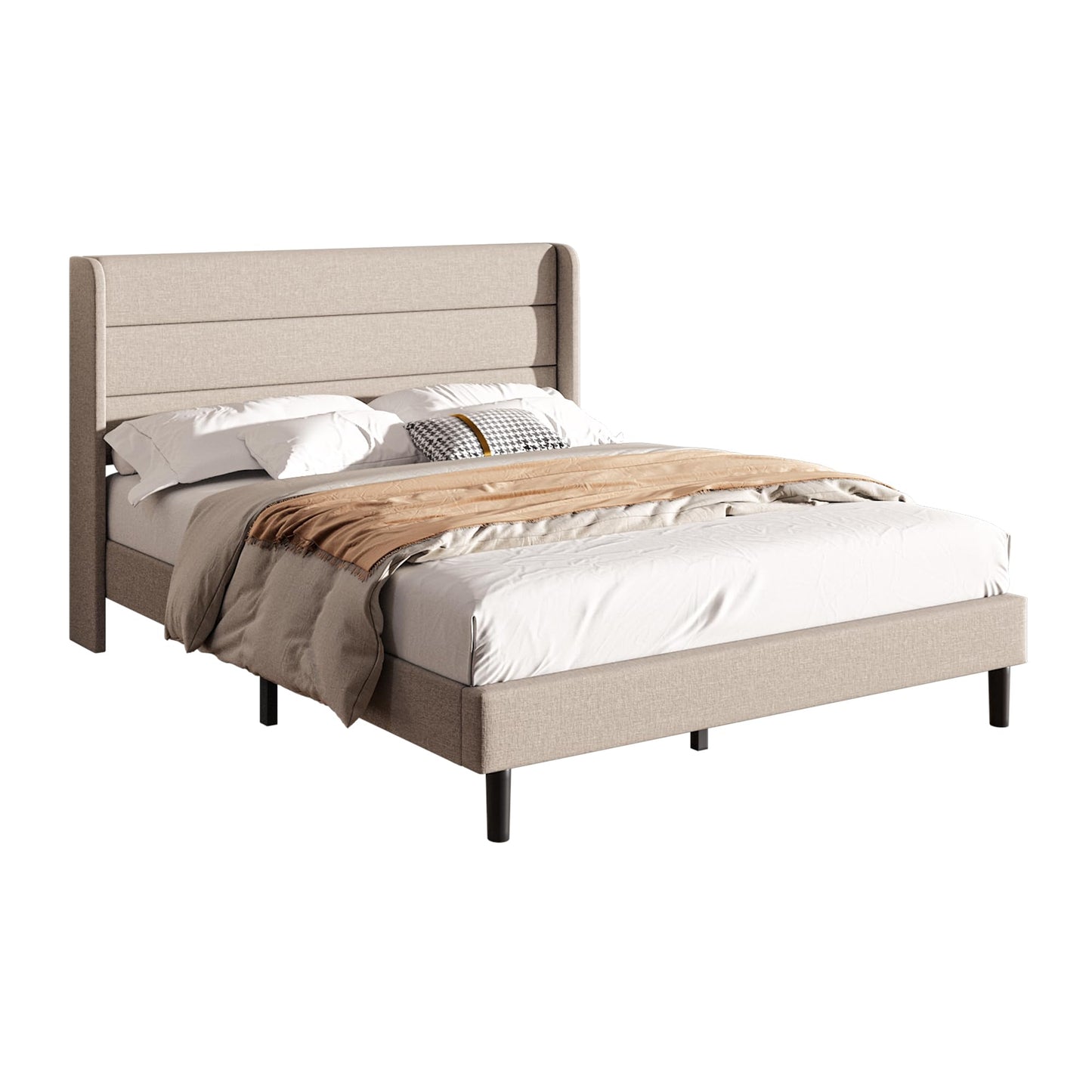 Mxhtcewz Full Size Upholstered Platform Bed Frame, Modern Linen Fabric Bed with Wingback Headboard, Sturdy No Wobble, Noise-Free & Easy Assembly, No Box Spring Needed, Beige