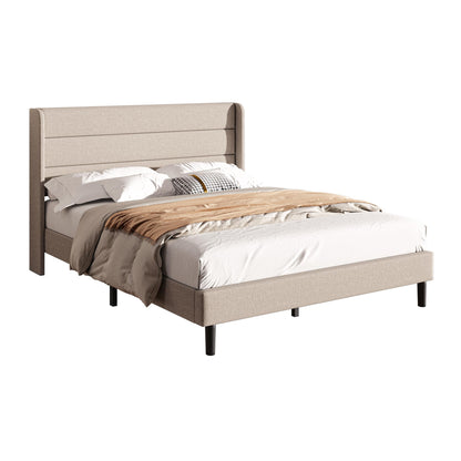 Mxhtcewz Full Size Upholstered Platform Bed Frame, Modern Linen Fabric Bed with Wingback Headboard, Sturdy No Wobble, Noise-Free & Easy Assembly, No Box Spring Needed, Beige