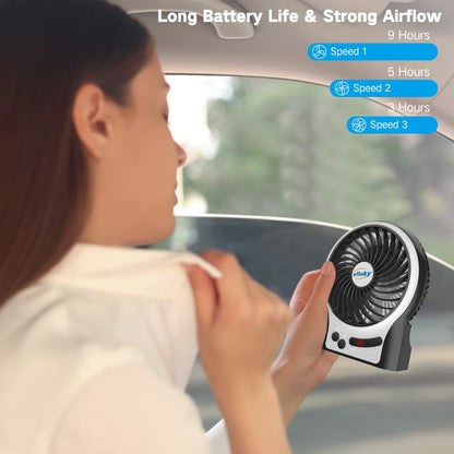 efluky 4.9-Inch Mini Desk Fan - 3 Speeds, Rechargeable Battery/USB Powered with LED Light, Quiet Portable Fan for Home, Office, Travel, Camping (Black)