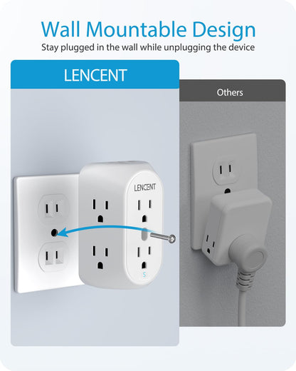 LENCENT 2 Prong Power Strip, 3 to 2 Prong Grounding Outlet Adapter 6 Outlet 1 Type C&2 USB 3.4A, Polarized Plug, 1728J Surge Protector, 3-Sided Wide Spaced Extender,Wall Mount for Non-Grounded Outlet