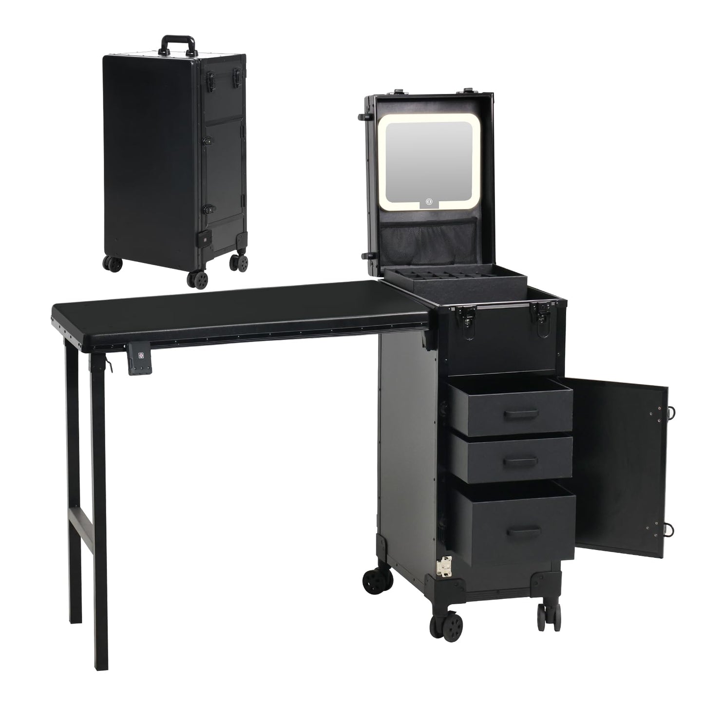 Rolling Portable Manicure Table with 3 Drawers, Lockable Makeup Train Case with Detachable Mirror, Foldable Nail Desk with Wheels & Handle, Mesa de Uñas Profesional para Nail Techs & Salon Use, Black