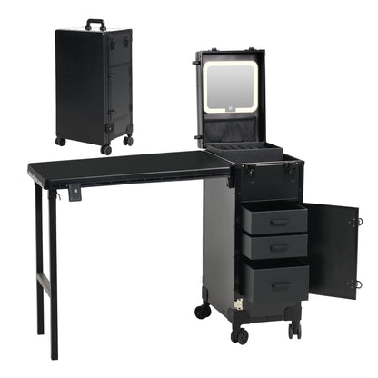 Rolling Portable Manicure Table with 3 Drawers, Lockable Makeup Train Case with Detachable Mirror, Foldable Nail Desk with Wheels & Handle, Mesa de Uñas Profesional para Nail Techs & Salon Use, Black