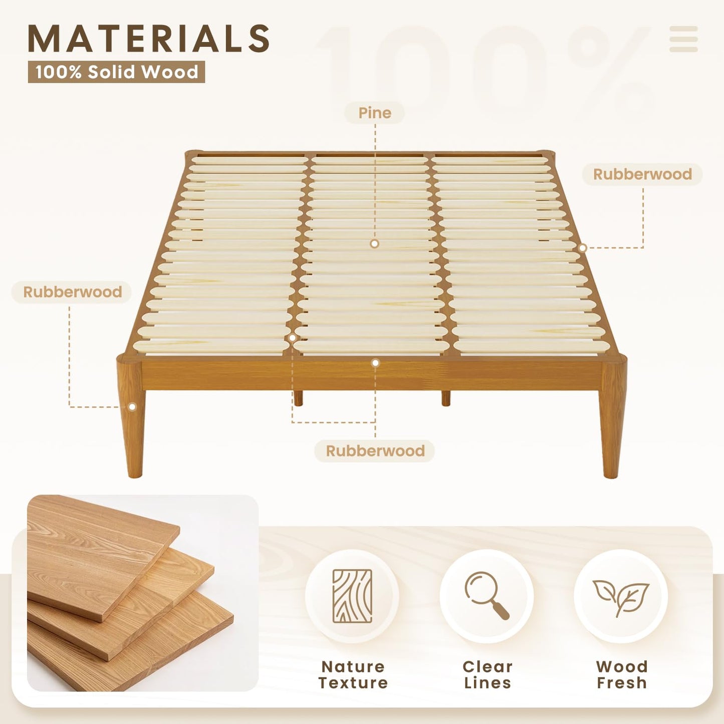 IOTXY Twin-XL Platform Bed Frame - Solid Wood 16-Inch Height Mattress Foundation Base with Densely Slats and Heavy-Duty Support Legs, No Box Spring Needed, Teak