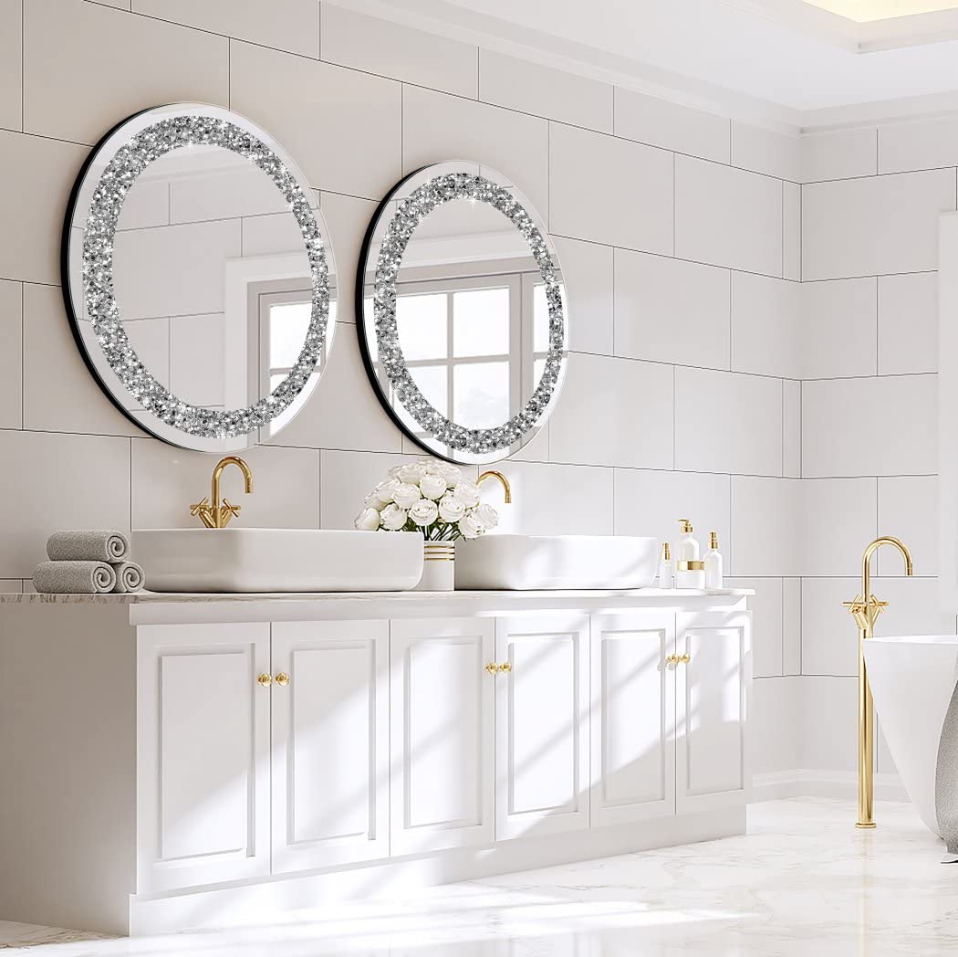 QMDECOR Round Wall Mirror 28x28 inch Crystal Crush Diamond Decor for Home Decoration Silver Mirror.