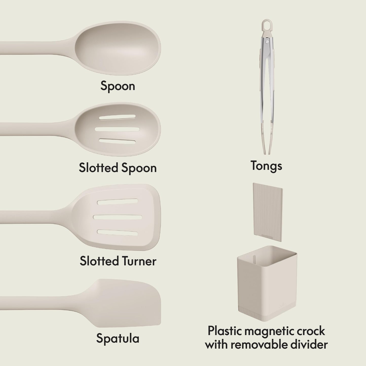 bella 6-Piece Modular Tool Set, Silicone, Turner, Spoon, Slotted Spoon, Spatula, Tongs, Crock with removable divider, Non-toxic*, Food-grade, Heat safe to 425°F, Dishwasher Safe, Slate
