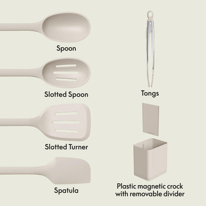 bella 6-Piece Modular Tool Set, Silicone, Turner, Spoon, Slotted Spoon, Spatula, Tongs, Crock with removable divider, Non-toxic*, Food-grade, Heat safe to 425°F, Dishwasher Safe, Slate