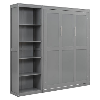 KTATK Full Size Murphy Bed with Five-Layer Cabinet,Solid Wood Storage Hidden Wall Beds Frame,W/Dual Piston Metal Folding Mechanism Designed,Space-Saving,for Home Office,Study,Guest Room,Gray