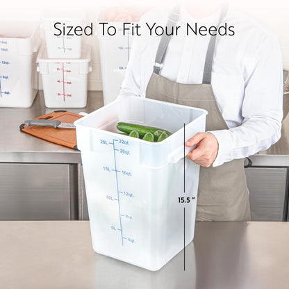 Restaurantware Food Storage Container 1 Pack of 22 qt Plastic Kitchen Storage Bin with Volume Markers Space-Efficient Design Dishwasher-Safe Polypropylene Translucent