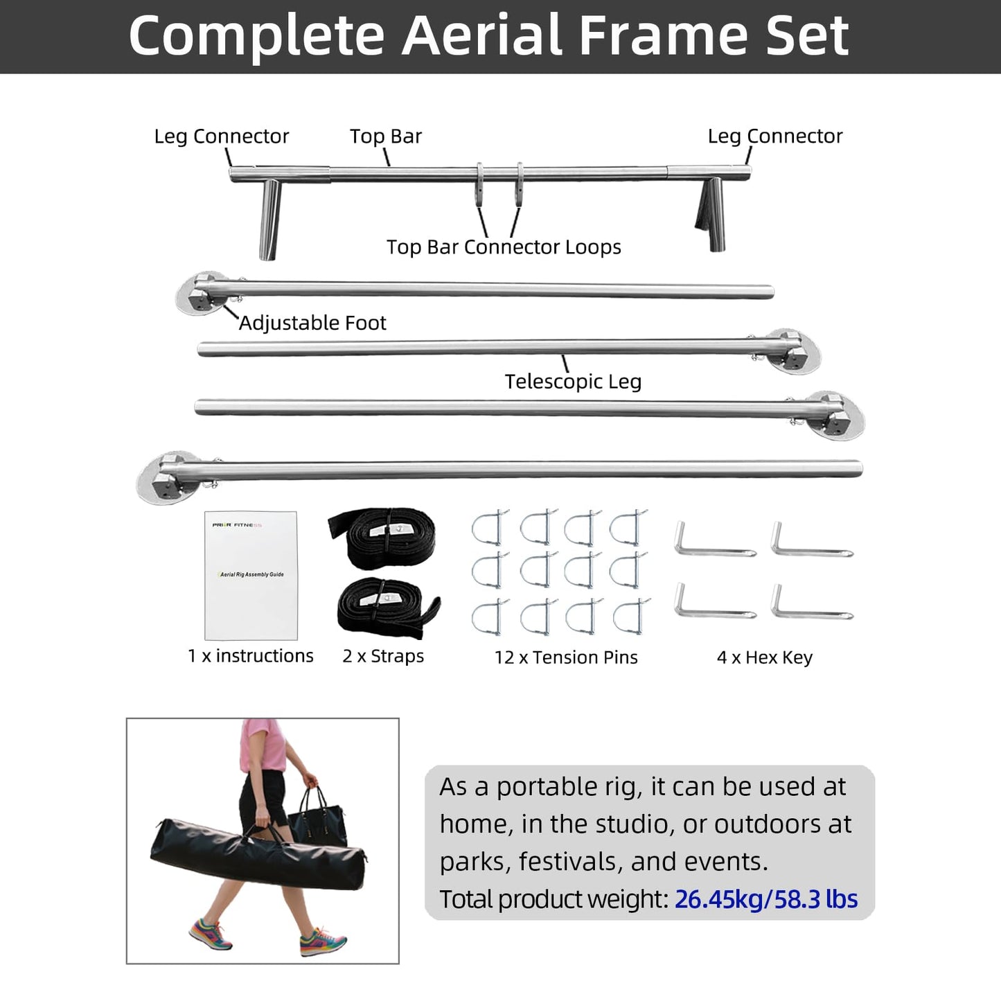 PRIOR FITNESS Aerial A-Frame Rig Set, CE & SGS Certified 730kgs/1610 lbs Capacity Aerial Yoga Stand W/Carrying Bag, for Hammocks, Silks & Hoops,Portable & Adjustable 5-11ft,Trapeze Swing Stand Frame