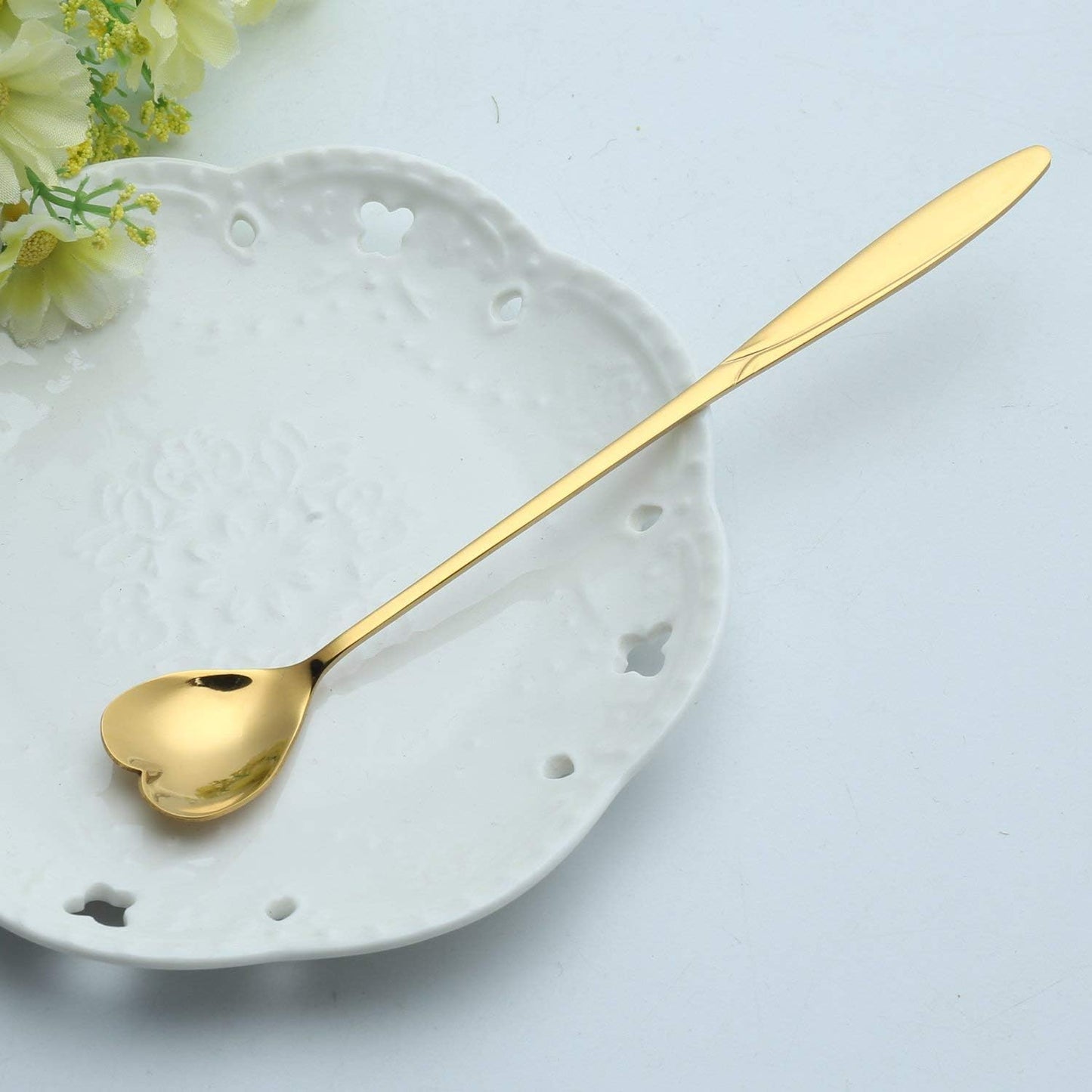 Heart Shaped Couple Long Cafe Cheese Spoon, 7 Inches Stainless Steel (1 Pair)