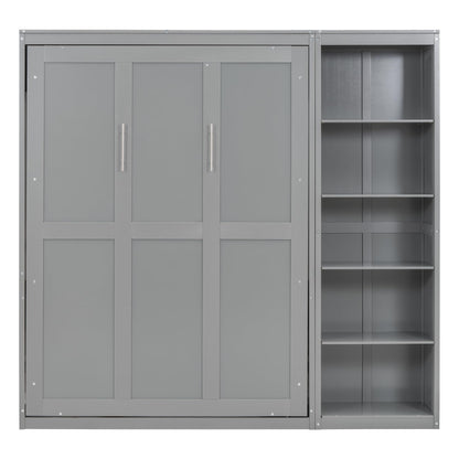 Merax Space-Saving Gray Murphy Bed Full Size with Adjustable Storage Shelves, Multifunctional Foldable Wall Bed for Small Spaces Studio Study Office Guest Room