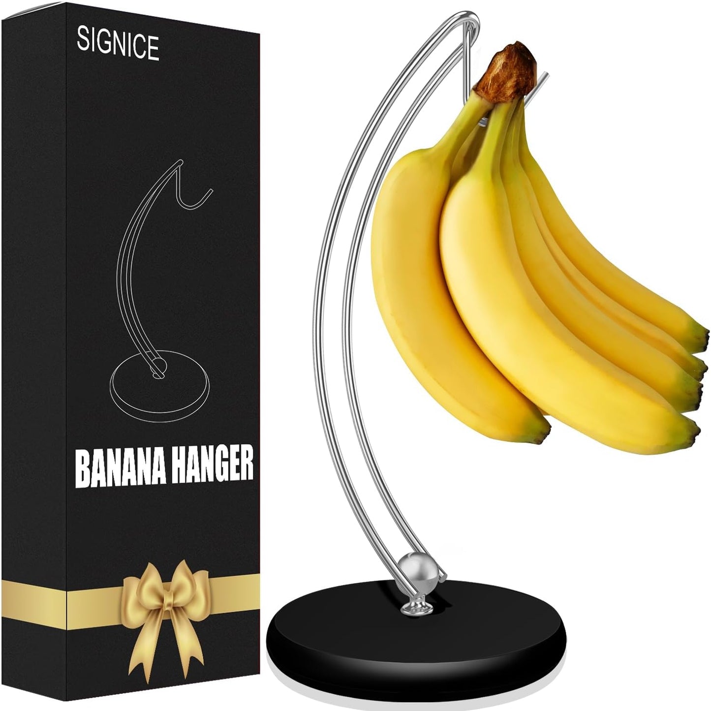 Modern Banana Holder Stand - Patented Tree Hanger with Stainless Steel Rack and Wood Base for Kitchen Use (Black/Silver)