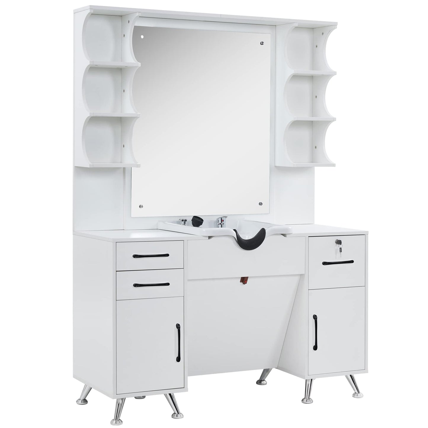 BarberPub Backwash Shampoo Bowl Cabinet, Wall Mount Station with Mirror, Storage Cabinet with Drawers & Shelf 3141 (White)