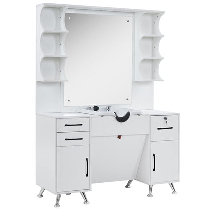 BarberPub Backwash Shampoo Bowl Cabinet, Wall Mount Station with Mirror, Storage Cabinet with Drawers & Shelf 3141 (White)
