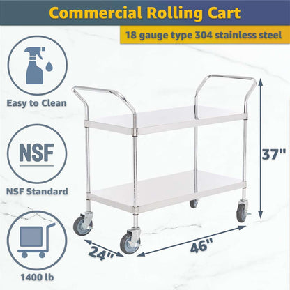 24" x 46" x 37" Stainless Steel Two Shelf Utility Cart - Commercial Heavy-Duty NSF Service Cart with Handles, Storage Rolling Shelving for Warehouse, Office, Food Service