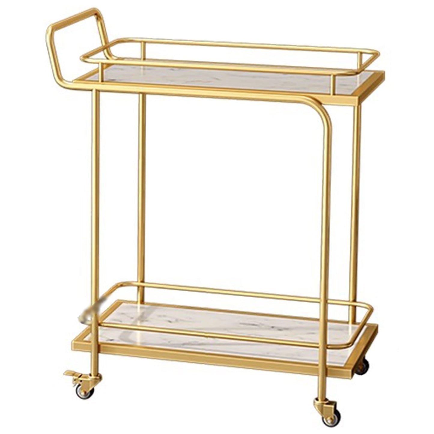 FGQuelleBM Commercial 2/3-Tier Serving Cart with Handles, Rectangular Beverage Cart with Brake Wheels, Marble-Pattern Top & Fence for Cakes(Gold White A)