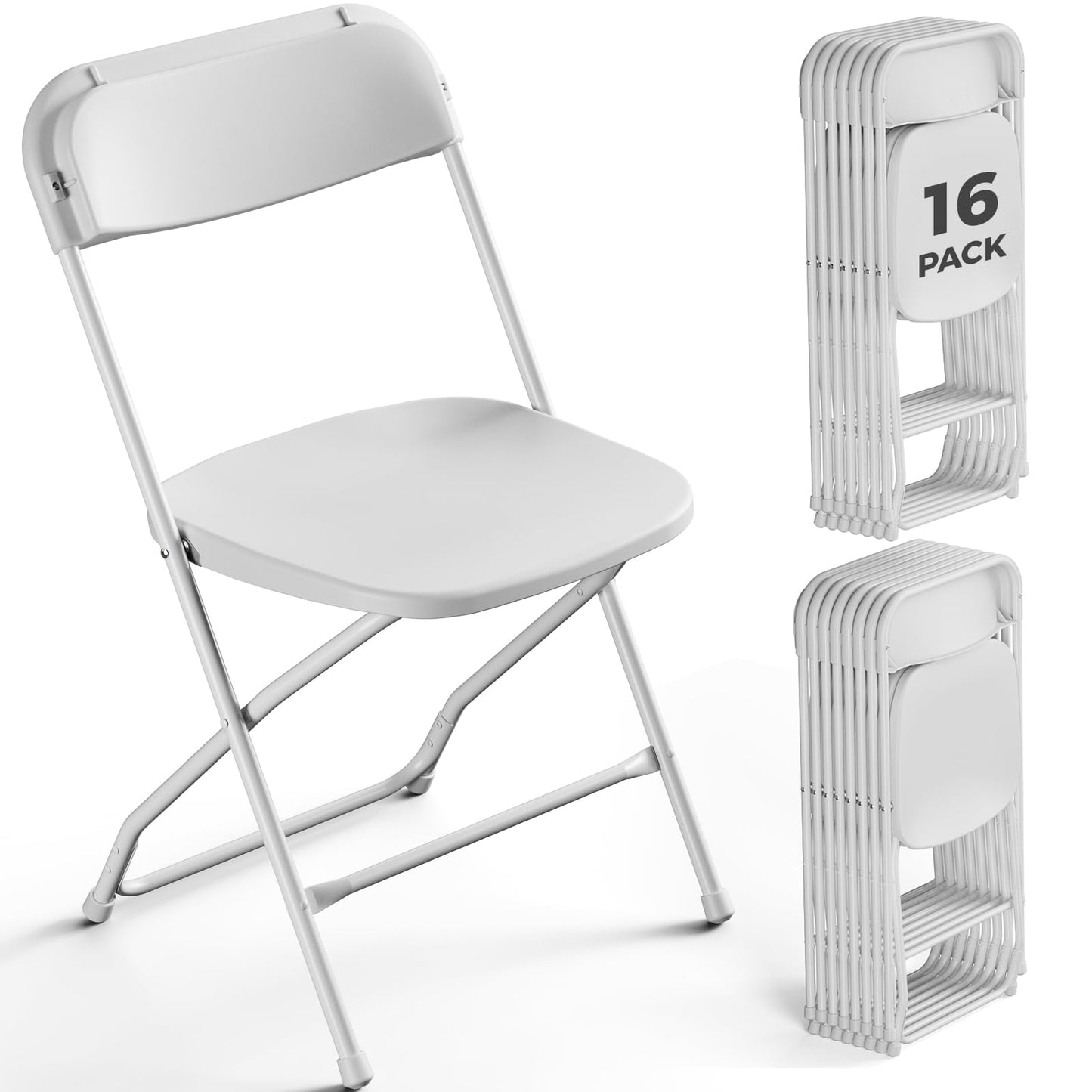 FurniEdge 16 Pack White Plastic Folding Chairs, Outdoor Portable Folding Chair with Steel Frame, 350lbs Capacity Stackable Foldable Chairs for Patio, Garden, Picnic, Kitchen, Events