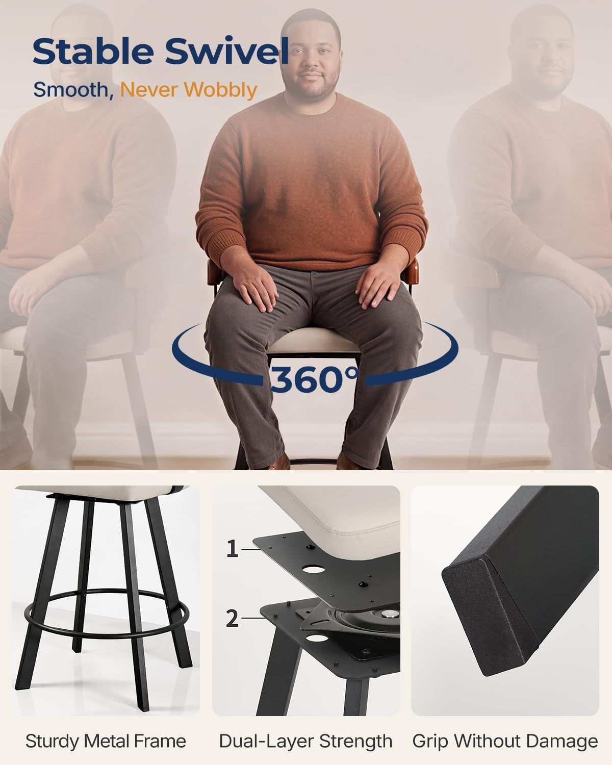 FORSPARK 350 lbs Capacity Bar Stools with Back and Cushion 26" Swivel Counter Height Bar Stools with Solid Wood Back Modern Kitchen Island Chairs with Metal Frame 360°Barstools Dining Room Grey Black