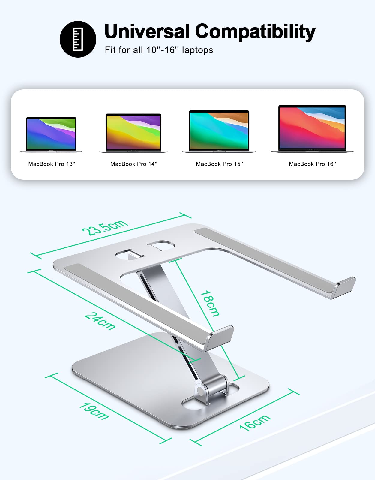 Foldable Laptop Stand, Height Adjustable Ergonomic Computer Stand for Desk, Aluminum Portable Laptop Riser Lecterns Holder Mount Compatible with MacBook Pro Air, HP, Dell 10-16"
