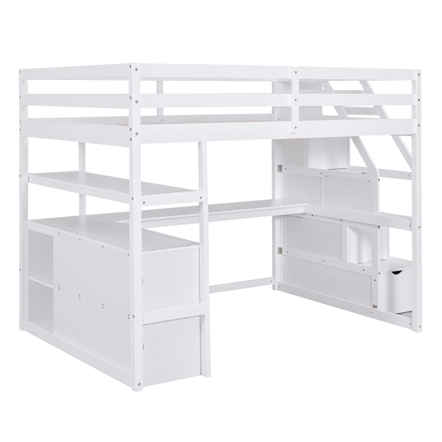 Merax Stairway Loft Bed with L Shape, Shelves, Two Tier Drawers and Storage, White Platform, Full Loft w/Desk and Staircase