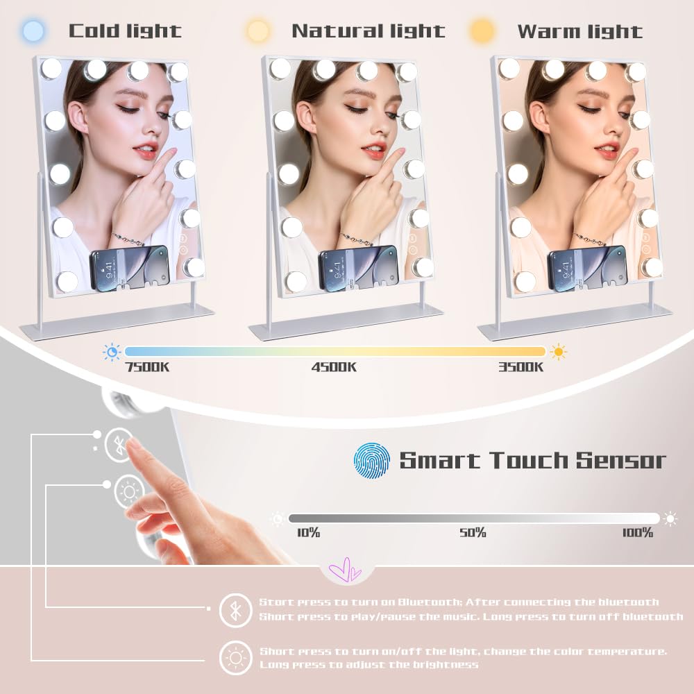 COOLJEEN Makeup Mirror Vanity Mirror with Lights - 12 Led Bulbs Lighted Hollywood Mirror, 10X Magnification,3 Color Modes, Touch Control, Women Gift (White)