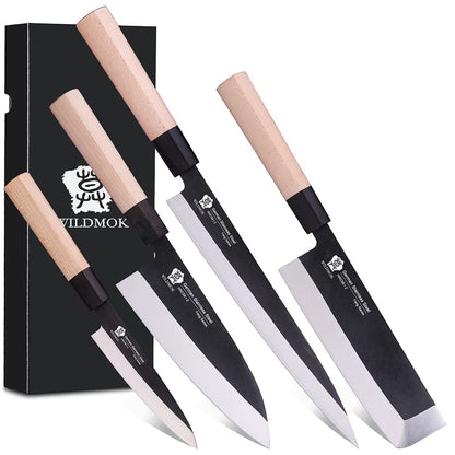 WILDMOK Set of 4 GYUTO Sushi Chef Knives-Yanagiba-Deba-Nakiri-Utility Kitchen Knife, Fish Slicing Filleting Knife Sets with German Steel Blade & Traditional Wooden Handle