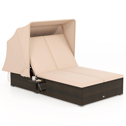 HAPPYGRILL Outdoor Rattan Daybed with Retractable Canopy, 2-Person Lounge Bed with 5-Position Adjustable Backrest, Foldable Side Shelves, Patio Double Sunbed Conversation for Yard Porch