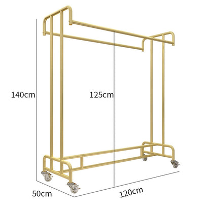 Heavy Duty Industrial Pipe Garment Rack with Wheels, Double Rail Metal Display Stand for Clothing, Retail Clothing Rack, Commercial Hanger(L120xW50xH140CM)