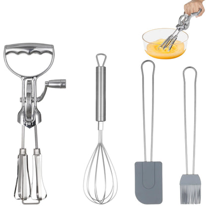 Rotary Egg Beater Set, Manual Rotating Beater with Mixer, Silicone Brush, and Spatula, Double-head Hand Push Whisk, Household Ehisk Accessories for Baking