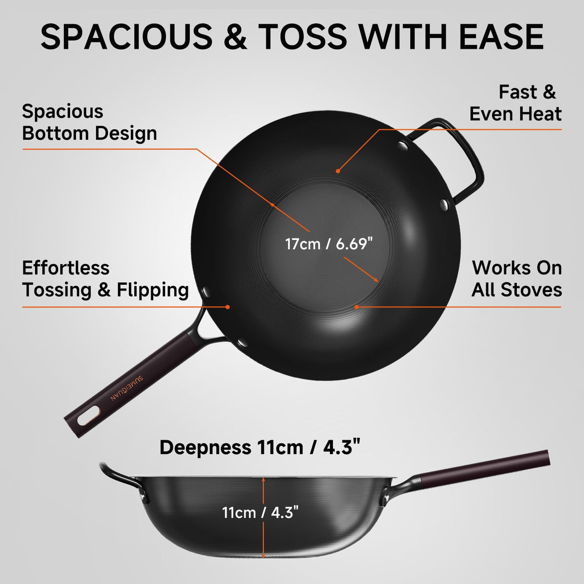 SUMEIGUAN 13.5" Carbon Steel Wok Pan - Pre-Seasoned Flat Bottom Woks & Stir-fry Pans Chinese Cookware with Lid & Spatula - For Pan-fry,Stir Fry, Steam, BBQ & Camping - Compatible with Induction, Gas